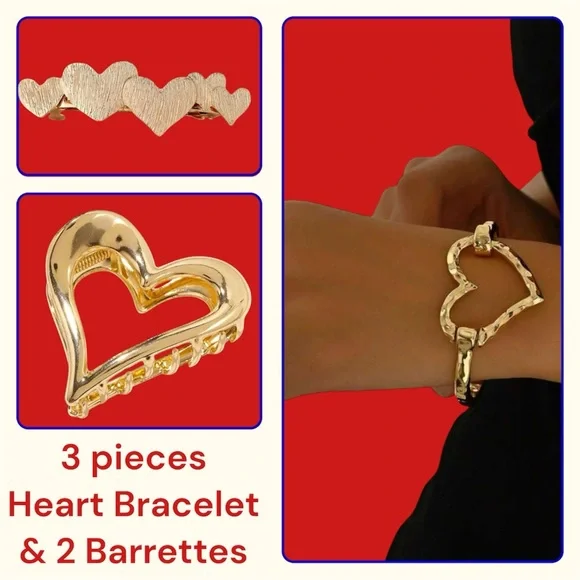 3pc Heart Set bracelet hair claw clip barrette gold jewelry bride wedding bridal
