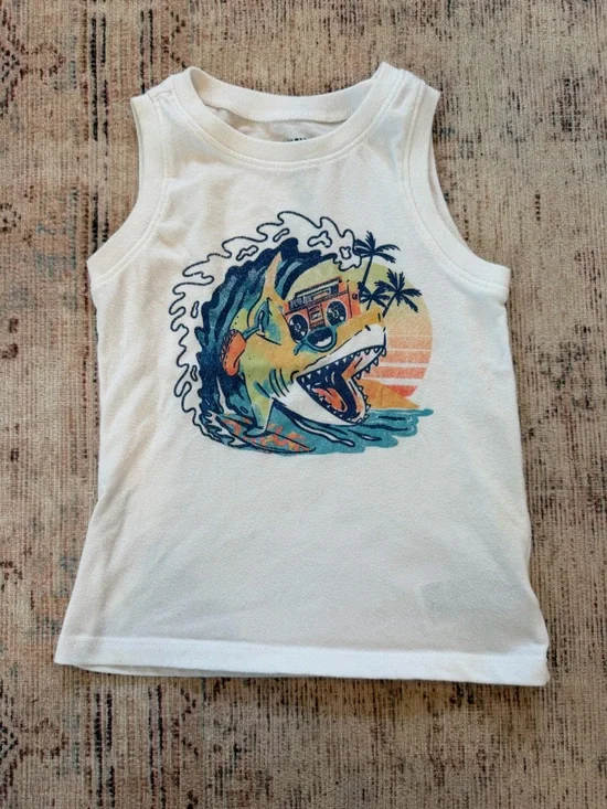 Old Navy White Tank Top with Colorful Surf Shark Graphic