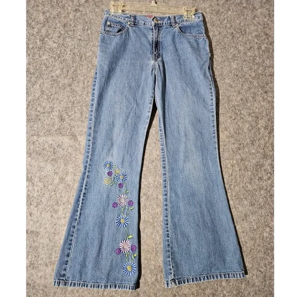 Old Navy Jeans Girls 14 Blue Floral Embroidered Flare Leg Vintage