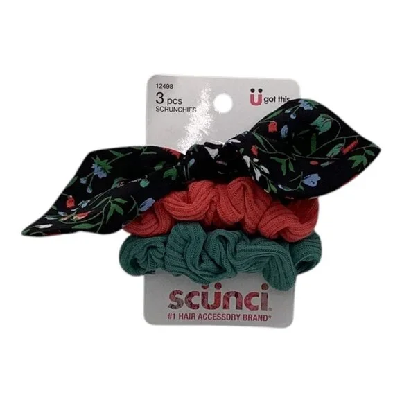 Scünci 3 Pcs‎ U Got This Hair Scrunchies W/ Floral Bow Coral & Teal Colors 12498