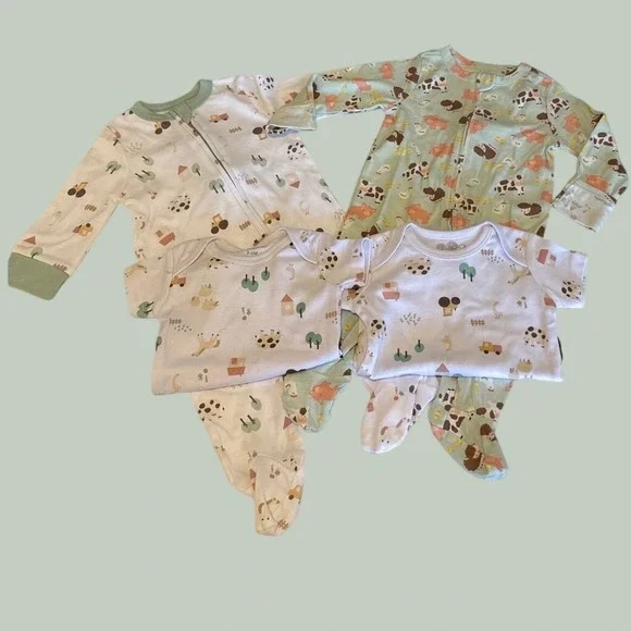 Old Navy Lila & Jack 4pc Baby Farm Animal Sleeper & Bodysuit Set 3-6M Green New