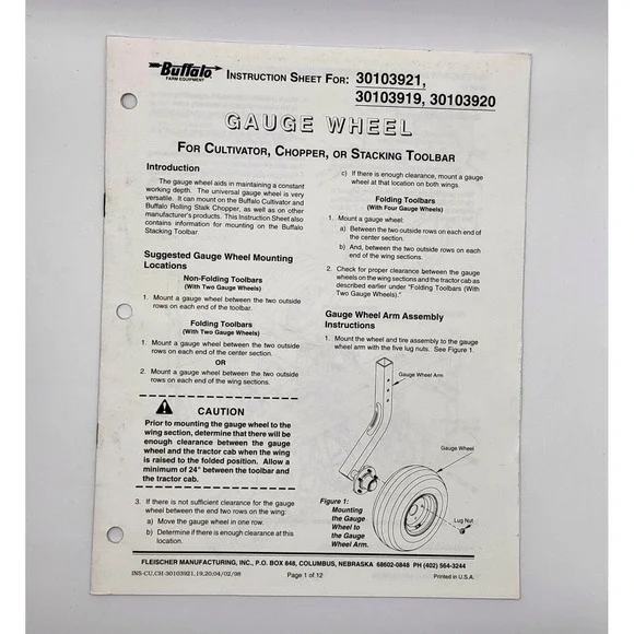 Buffalo, Fleischer Mfg. 30103921,‎ 30103919, 30103920 Gauge Wheel Instructions
