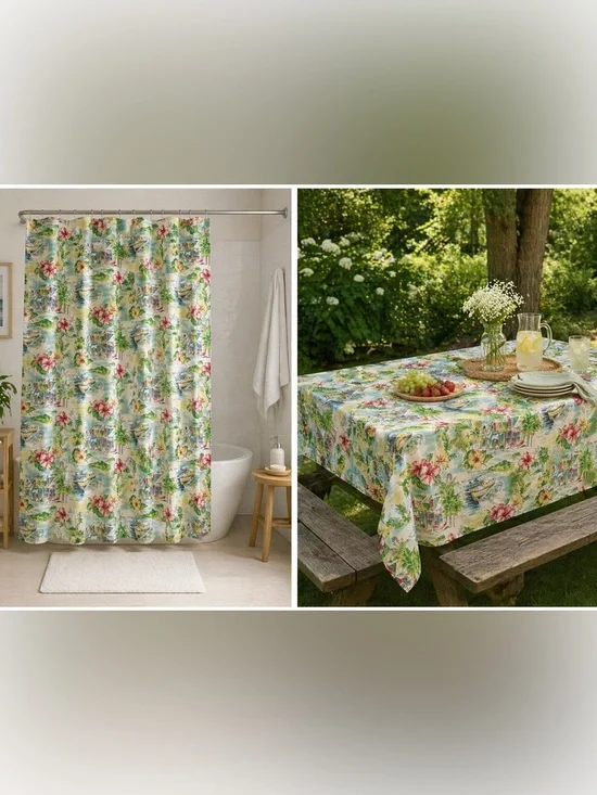 Waverly Tropical Shower Curtain 70x70 Boats Hibiscus Coastal