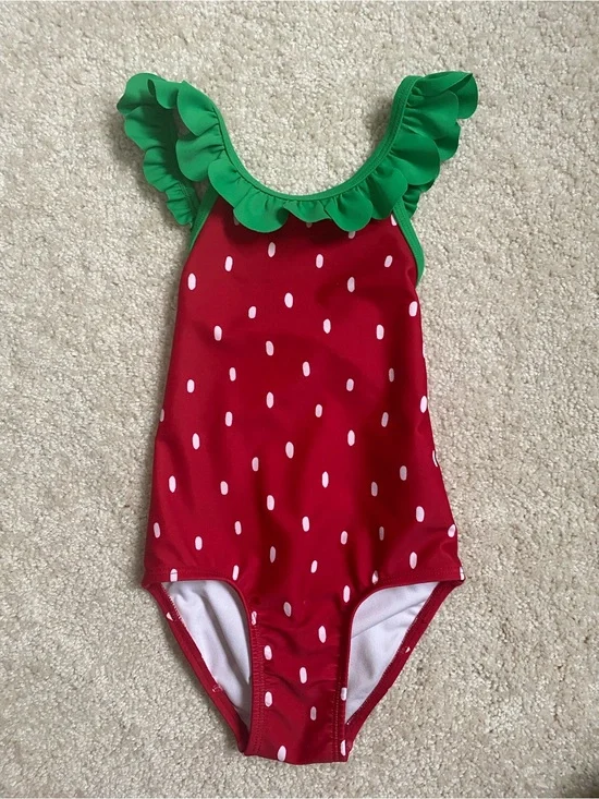 Old Navy 3T Kids Red Strawberry-Print One-Piece Swim with Green Ruffle