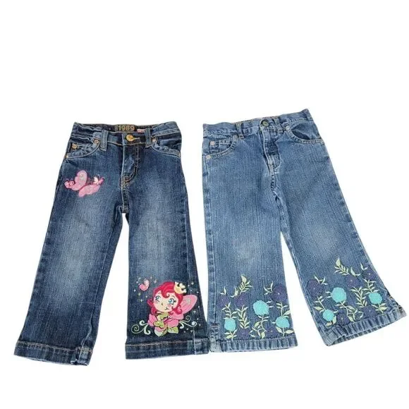 Old Navy + Children's Place Y2K Girls Denim Jeans with Embroidered Design Lot