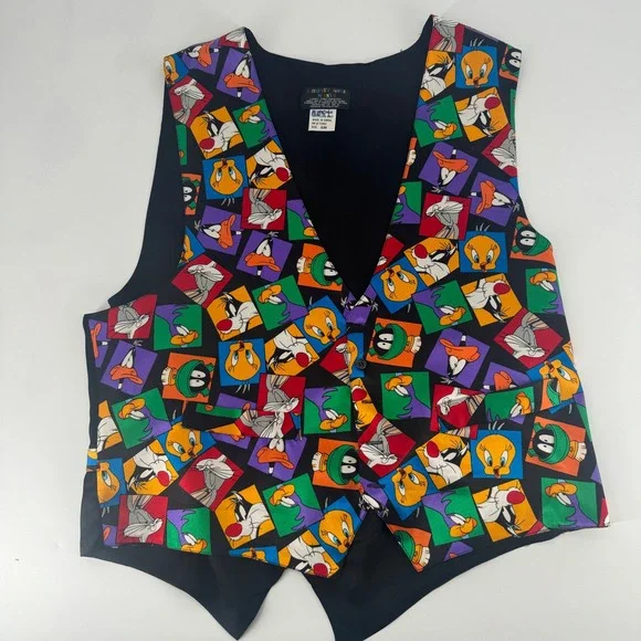 Vintage 1994 Looney Tunes Mania 100% Silk Character Print‎ Vest S/M 90s Retro