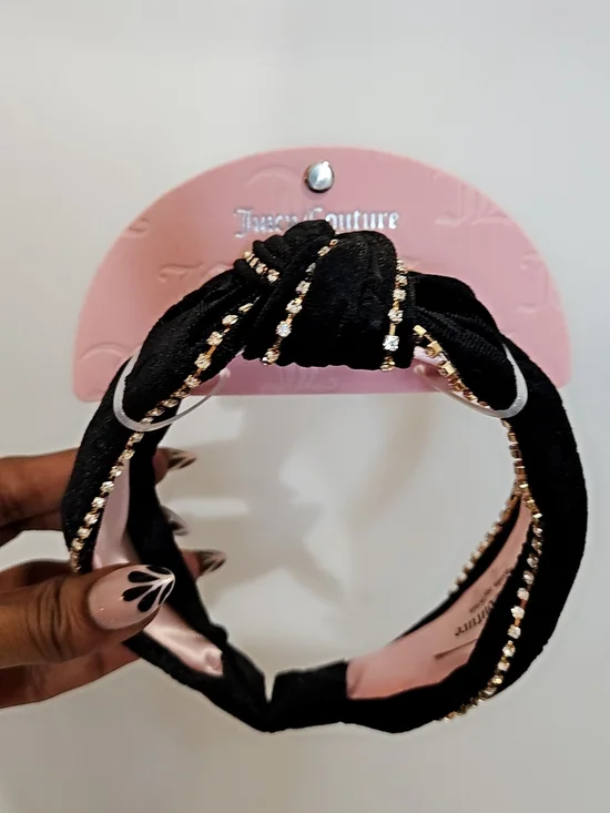Juicy Couture Black Knotted Headband with Gold Rhinestone Trim