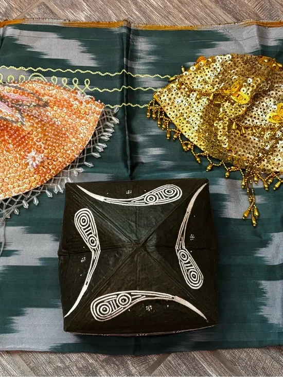 Vintage Uzbek handcrafted embroidered hats and one Uzbek satin wrap Central Asia