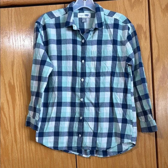 Old Navy Navy, White and Mint Green Plaid Button Down Shirt