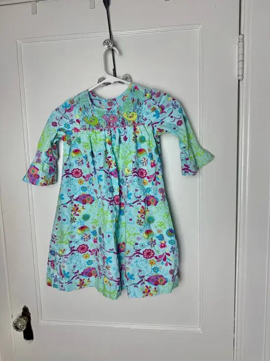 Marmellata Blue Pink Floral Bell Sleeve Ruffle Smocked Bird Dress Size 6