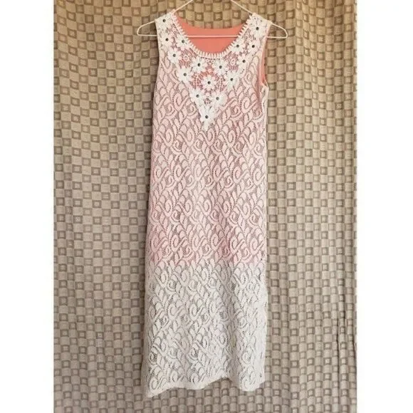 Girls Dress Sleeveless A-Line Peach Cream Maxi Lace Crochet Dress Size 10