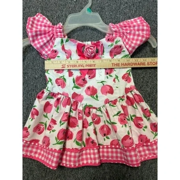 Adorable Handmade Floral Print Dress Pink Gingham Flutter Sleeves 2T/3T
