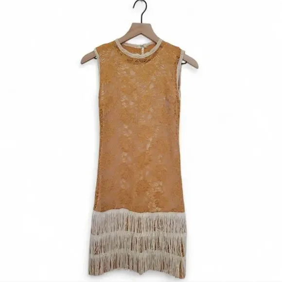 Flapper Dress Child Vintage Costume Gold and White Lace Fringe Youth Medium