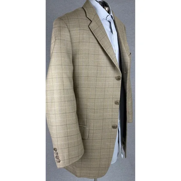 Joseph Abboud Nordstrom Mens 41R Blazer Tan Brown Windowpane Wool Silk Sport