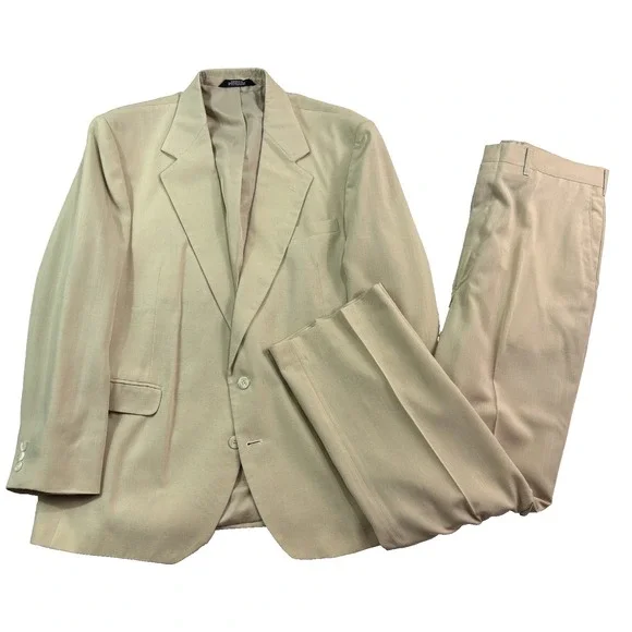 vtg 90s Reed St James 44R 36x32 Tan Beige 2pc Pant Suit Slubbed Flat‎ Front