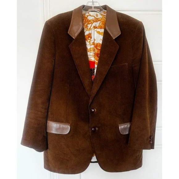 Vintage 70s Cortefiel Brown Corduroy Blazer Leather Trim Status Print Lining 42