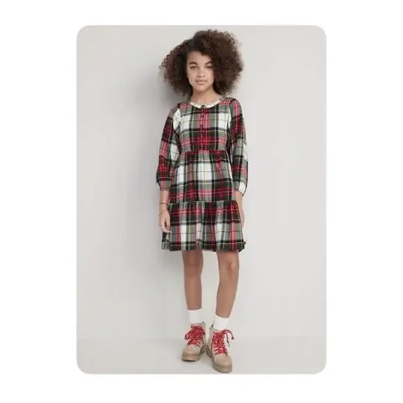 Old Navy White Tartan Plaid Long Sleeve Button Front Swing Dress Size XL 14-16