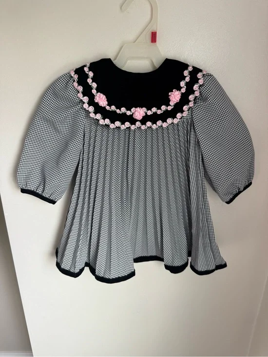 Rose Cottage Vintage Black/White Gingham Velvet Collared Dress Size 12M