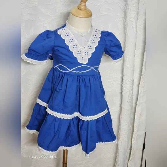 Vintaje Blue Dress with White Lace Trim