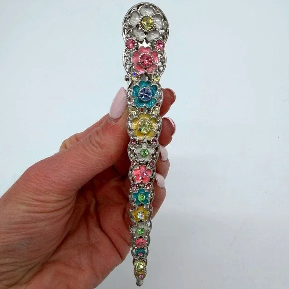Vintage Pastel Rhinestone Floral Barrette‎ Silver Tone Hair Clip Statement
