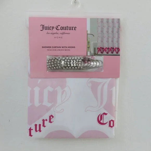 (#116) Juicy Couture White and Pink Shower Curtain with Hooks