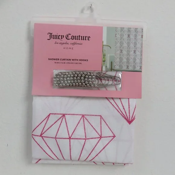 (#110) Juicy Couture White and Pink Shower Curtain with Hooks