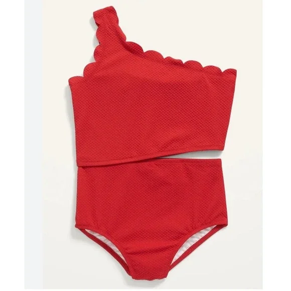 GIRLS RED SWIMSUIT One Piece Shoulder Scalloped 8 Bright Old Navy Gap Cutout