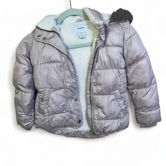 Old Navy Girls‎ Sherpa Lined Pink Hooded Puffer Jacket Sz S (6-7) Faux Fur Snow