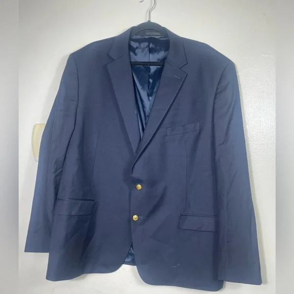 Lauren Ralph Lauren Gold Button Navy Blue sports Wool Blazer Jacket 48R