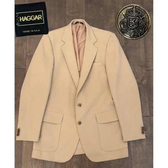 Vintage Haggar Blazer Jacket‎ Mens Size 40L Beige USA Made Gold Buttons 2-Button
