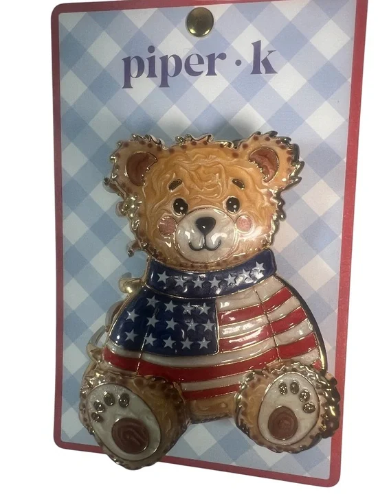 Piper K Patriotic Bear Hair clip Metal New Beautiful cute Bear With USA flag