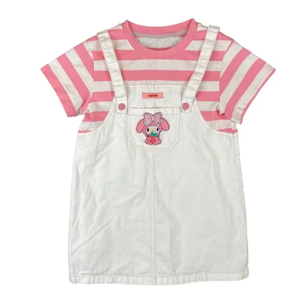 Meesii Girls My Melody Pink Striped Pinafore‎ Dress White Size 7 Short Sleeve
