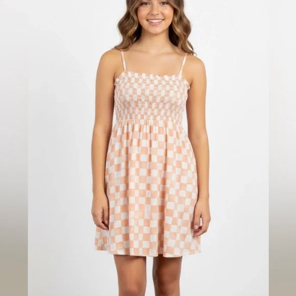 Forever 21 Girls Orange White Checkered Spaghetti Straps Sun Dress Size Small