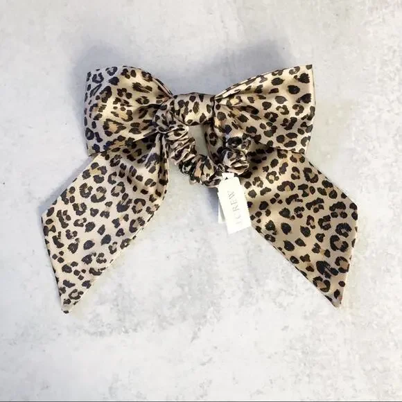 J. Crew Satin Scrunchie with Bow in Sand Leopard Print NEW