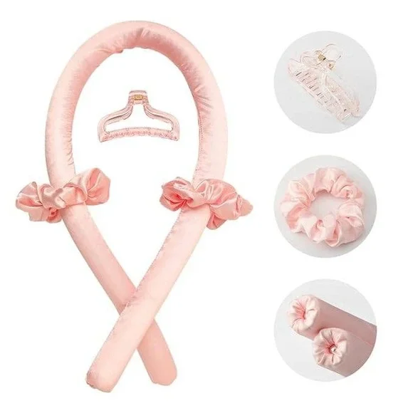 Heatless Hair Curler Headband Pink‎ Satin with Hair Clip & Scrunchies New