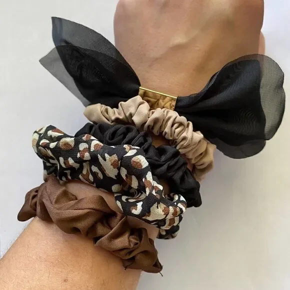 Set of 5 Scrunchies - Brown Print Black Bow