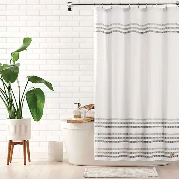 White Shower Curtain with Gray Stripes