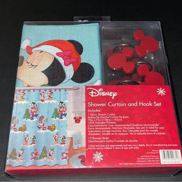 New! Disney Minnie Mouse Holiday Shower Curtain Set - Red and Blue