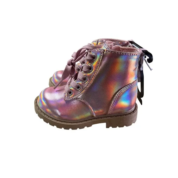 Old Navy Kids Pink Iridescent Holographic Lace Up Side Zip Combat Boots Size‎ 6