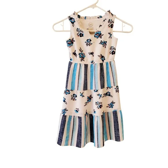 Wonder Nation Girls Floral Stripe Tiered Dress Blue White XS 4-5 Sleeveless
