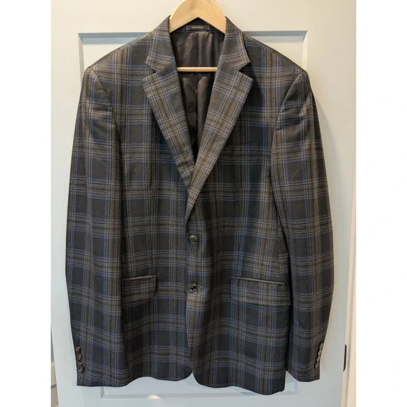 Peter Millar Plaid Sport Coat Blazer Men Charcoal Blue Wool Blend Two Button 44T