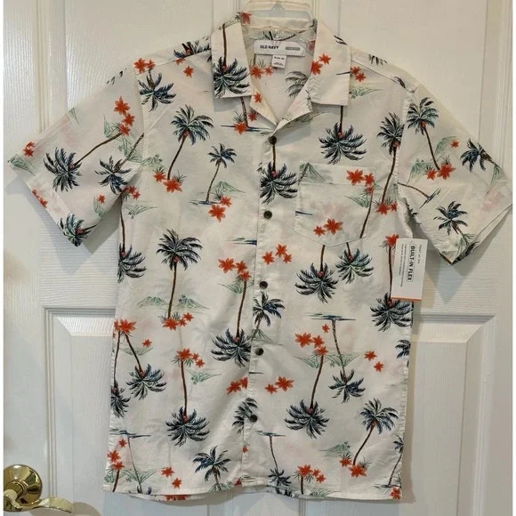 NWOT Boys XLarge 14-16 OLD NAVY Button Down Palm Tree Beach Shirt‎ White Cotton