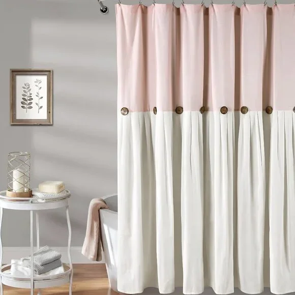 NWT LINEN DECOR Linen Shower Pink/White Button Shower Curtain