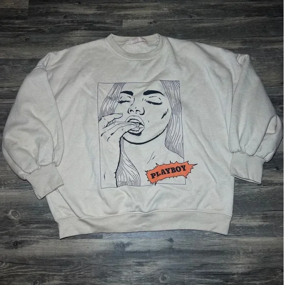 Playboy‎ Missguided Cream Graphic Sweatshirt Y2K Streetwear Boxy Fleece Pullover