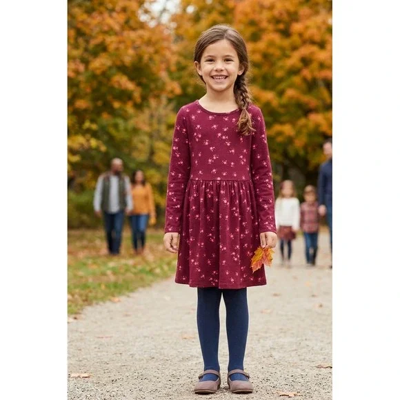 Cat & Jack Girls Burgundy Floral Long Sleeve Jersey Dress Maroon Size S 6/6X