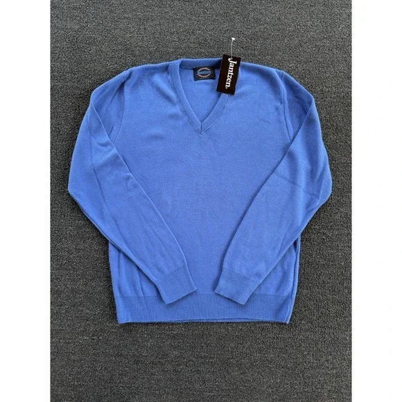 Vintage 80s Jantzen Blue Sweater Size Large Made In USA V Neck Pullover Acrylic