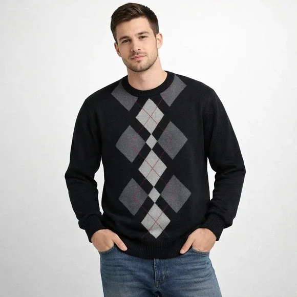 Men's Black Gray Argyle Sweater Crewneck Preppy Dark Academia Grandpa L‎