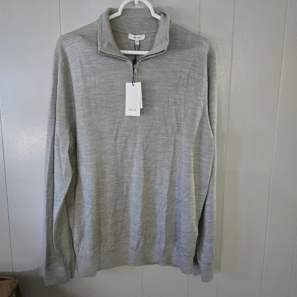 Reiss Blackhaller Quarter Zip Sweater‎ Mens XL Pale Grey Wool Blend Funnel Neck