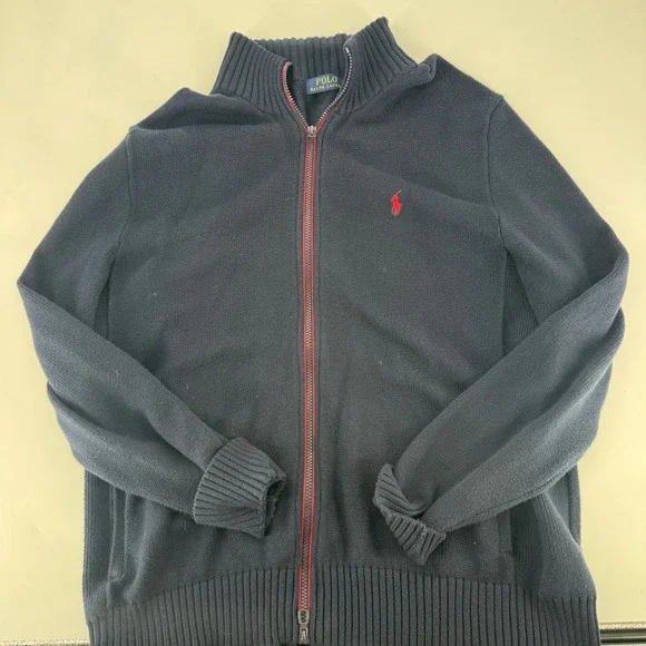 Polo Ralph Lauren Mens XL Navy Blue Full Zip‎ Cotton Knit Sweater Red Pony Logo