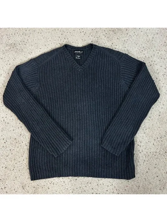 Y2K Eddie Bauer Men's Chunky Knit Ribbed Sweater V-neck Gray Size XL Tall
